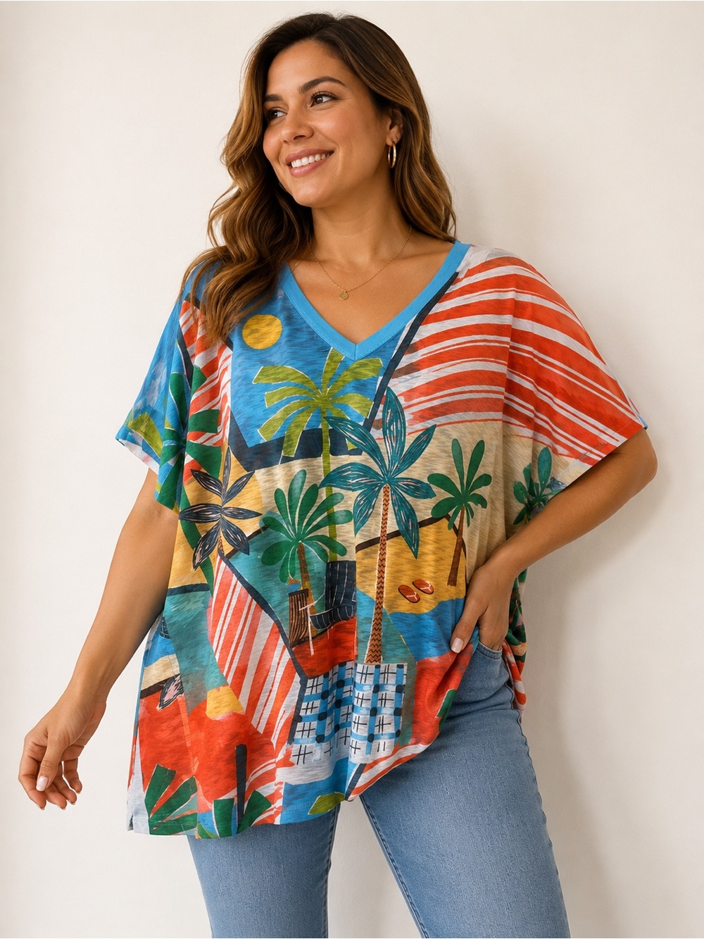 Jess & Jane Tropical Multicolor V-Neck Short Sleeve Blouse Top Size 1X